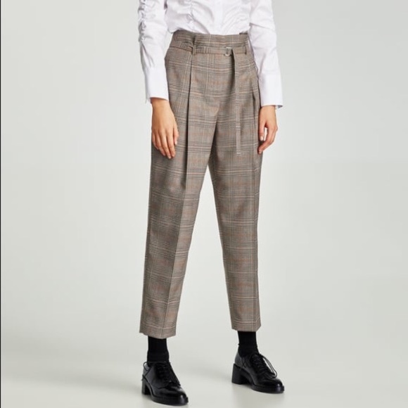 Zara Woman High Waist Checked Trousers 